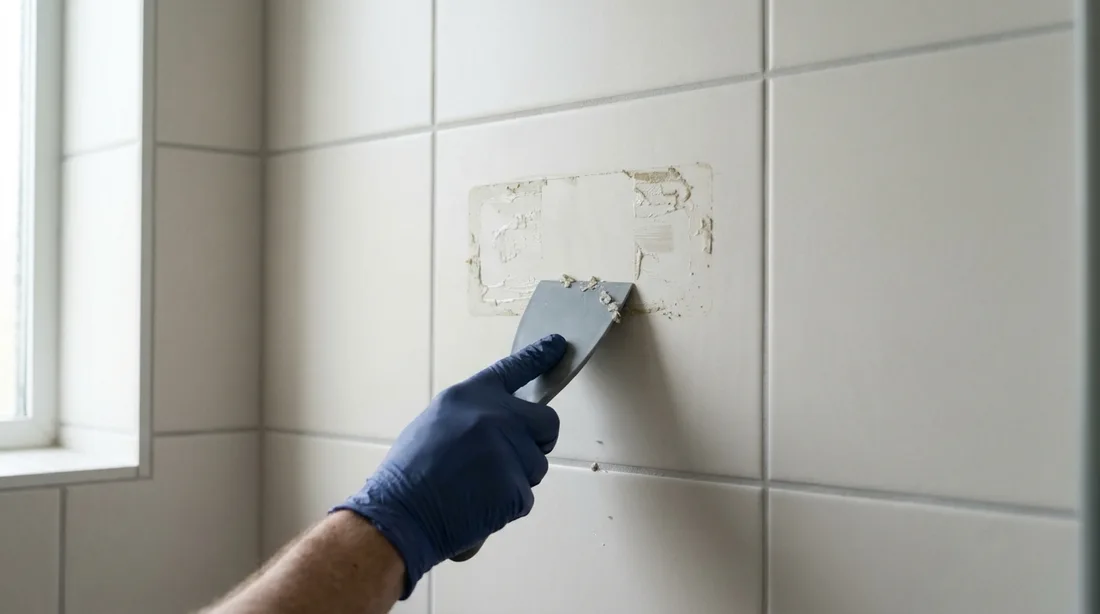 Kleberest einer abgenommenen Duschablage auf der Fliese, der mit einem flachen Kunststoffschaber abgeschoben wird