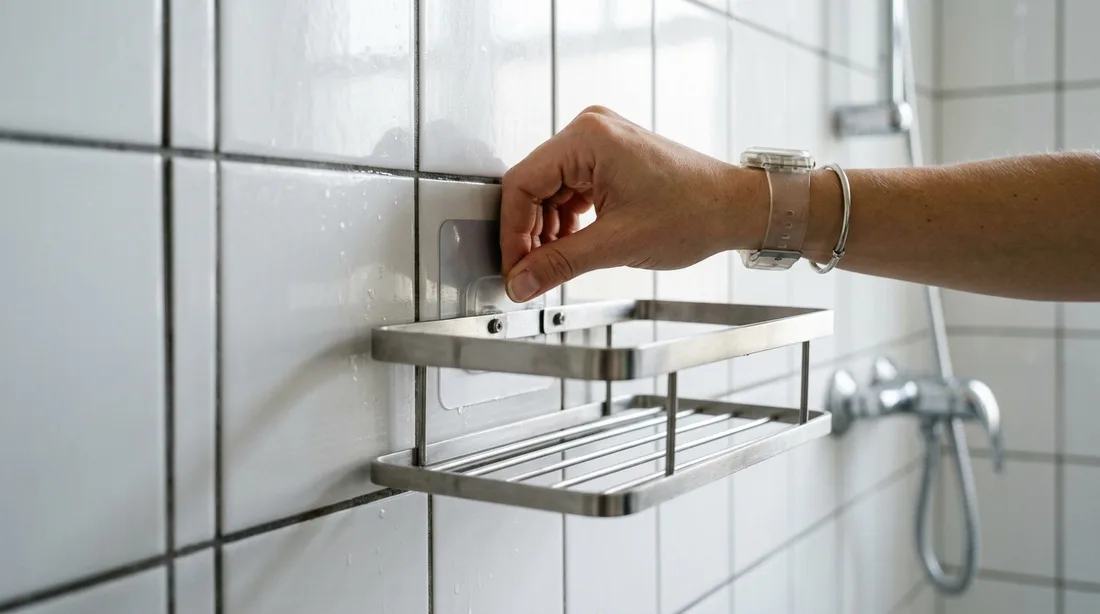 Duschablage ohne Bohren mit Klebepad an einer geflisten Duschwand